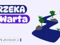 Warta rzeka, malowniczy krajobraz z drzewami, kamieniami i trawą. Obok widnieją zdjęcia z podróży.