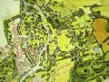 Park Mużakowski mapa: szczegółowy plan z zaznaczonymi alejkami, stawami, budynkami i polami.