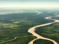Szeroka, meandrująca amazonka rzeka przecina bujną, zieloną dżunglę, tworząc malowniczy krajobraz z lotu ptaka.
