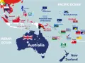 Mapa przedstawia państwa w Oceanii i Azji Południowo-Wschodniej, z zaznaczonymi flagami i nazwami krajów, w tym Australii i Nowej Zelandii.