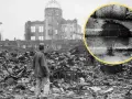 Ruiny w Hiroszimie po bombardowaniu atomowym. W oddali widać zniszczony budynek, a na pierwszym planie stos gruzów i stojącego człowieka. W kółku widoczny ślad po ciele.