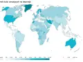 Mapa świata pokazująca odsetek ludzi cierpiących na depresję, z legendą w odcieniach niebieskiego.