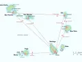 Mapa wysp Zielonego Przylądka z zaznaczonymi połączeniami lotniczymi. Planujesz podróż? Sprawdź, kiedy jechać na Wyspy Zielonego Przylądka!
