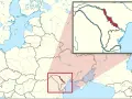 Mapa Europy Wschodniej z zaznaczonym obszarem Transnistrii. Powiększony fragment pokazuje dokładne położenie tego regionu.