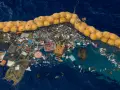 Ogromna wyspa śmieci na oceanie, zebrana w siatkę z bojami. Plastikowe odpady, sieci rybackie i opona tworzą przygnębiający widok.