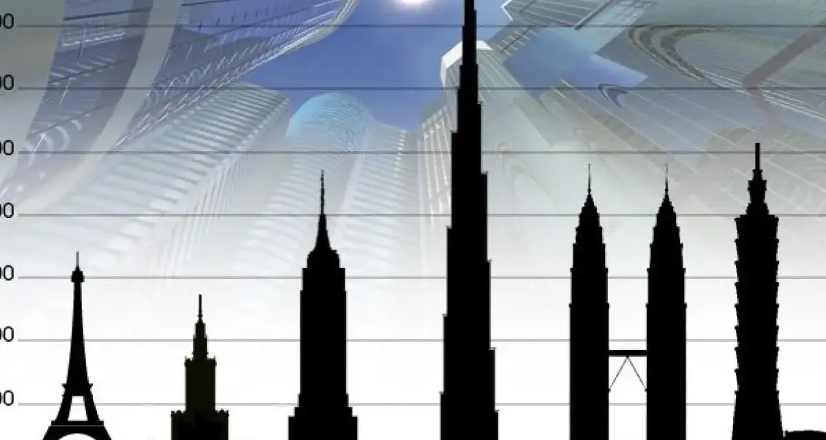 Porównanie wysokości budynków: Wieża Eiffla, Pałac Kultury, Empire State Building, Burj Dubaj (największy budynek na świecie), Petronas Towers, Taipei 101.