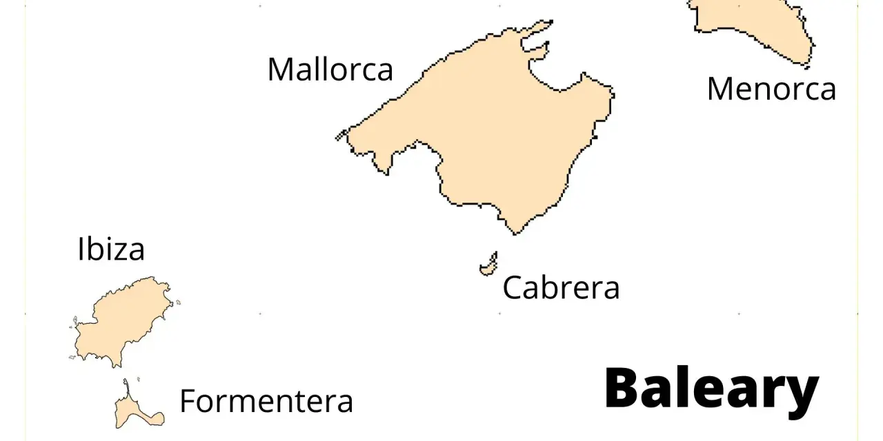 Mapa Balearów z zaznaczonymi wyspami: Majorka, Minorka, Ibiza, Formentera i Cabrera.