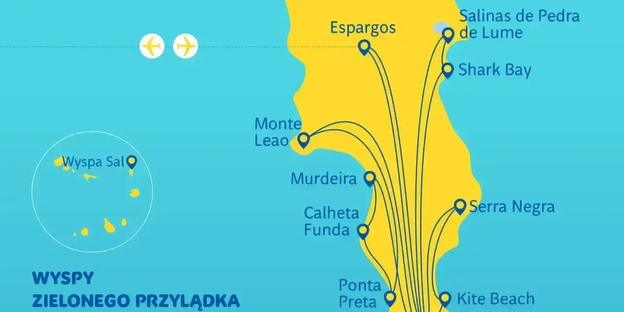 Mapa wyspy Sal na Wyspach Zielonego Przylądka, pokazująca lokalizacje takie jak Espargos, Santa Maria i Kite Beach.