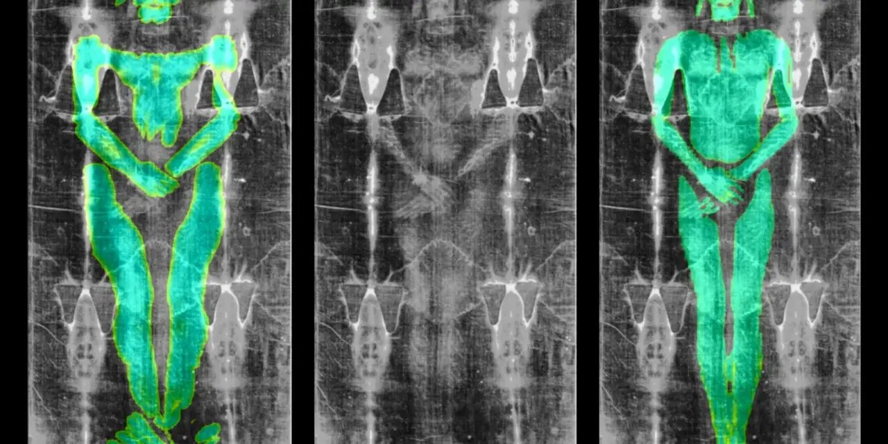 Trzy obrazy całunu turyńskiego. A i C pokazują kolorowe analizy, B to oryginalny obraz. Badania całunu turyńskiego dna.