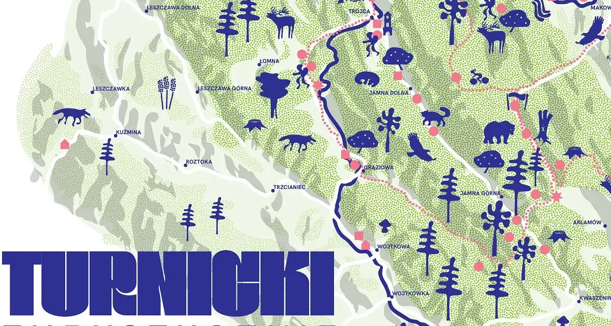 Mapa turystyczna **Turnicki Park Narodowy** z zaznaczonymi szlakami, zwierzętami i nazwami miejscowości.