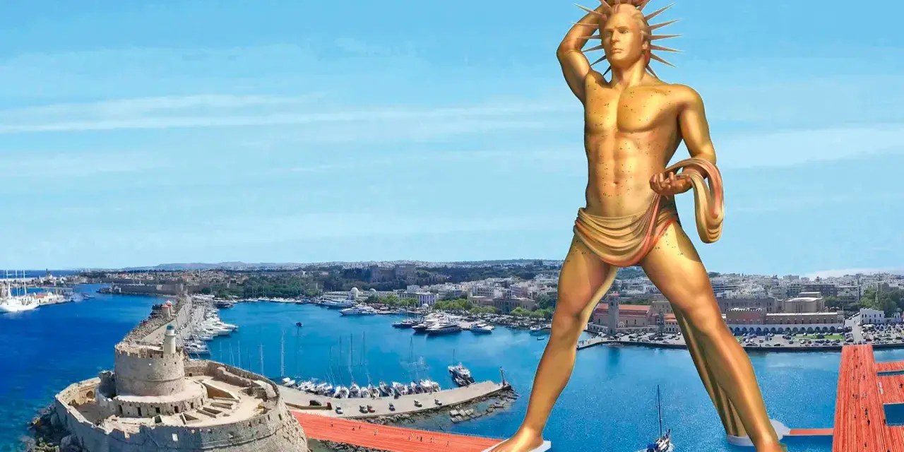 Złoty kolos z Rodos góruje nad portem, gdzie cumują jachty i statki. W tle widać zabytkową twierdzę.