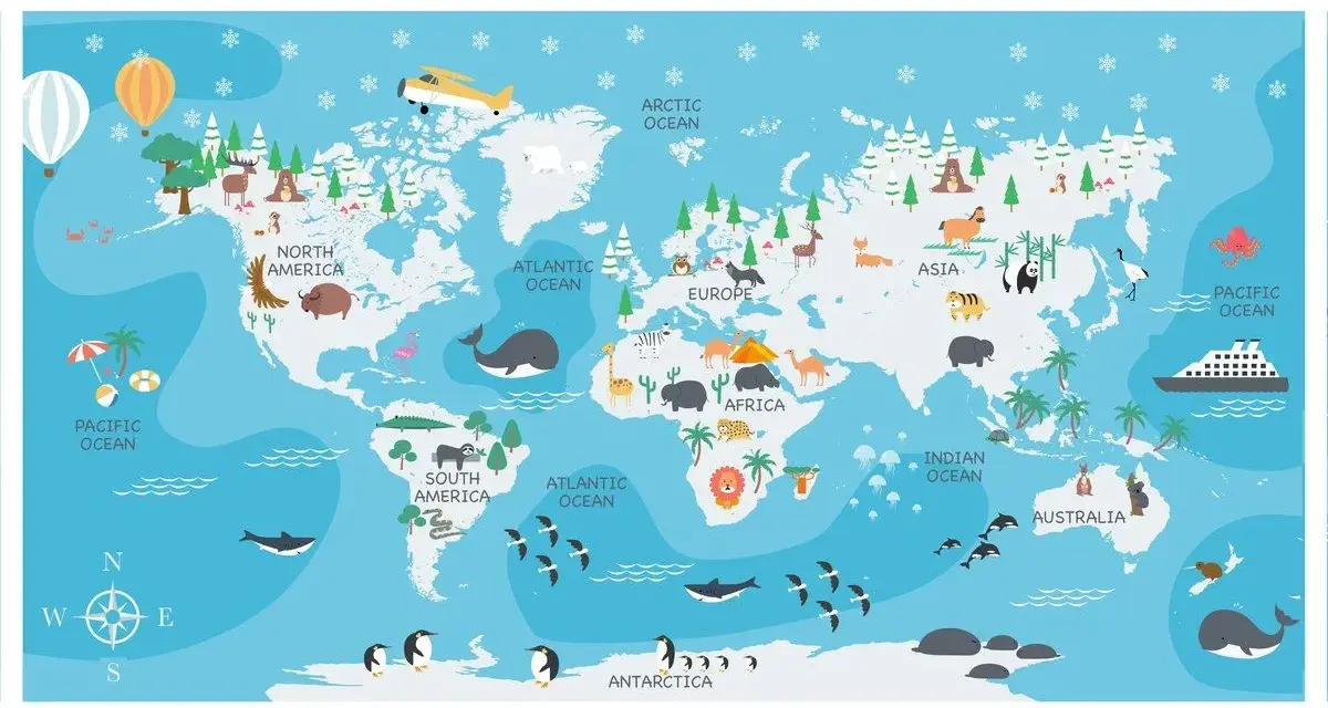 Mapa świata z zwierzętami i kontynentami. Największy ocean, Pacyfik, otacza Amerykę Północną i Południową.