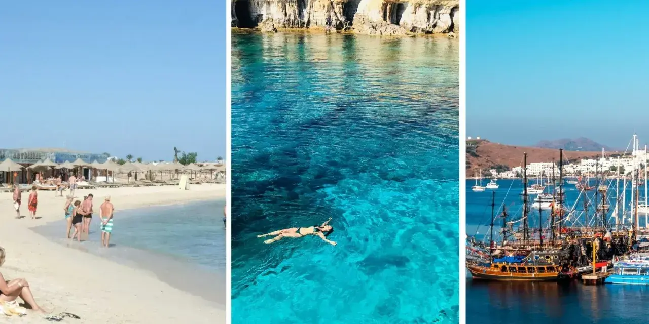 Szukasz idealnego miejsca na wakacje w listopadzie gdzie najcieplej? Trzy propozycje: plaża z parasolami, krystalicznie czysta woda z pływającą kobietą i malowniczy port z żaglowcami.