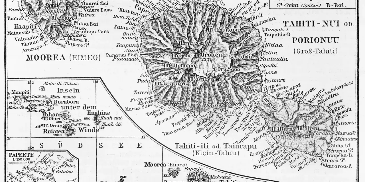 Największa wyspa Polinezji Francuskiej, Tahiti, z widocznymi górami i zatokami.