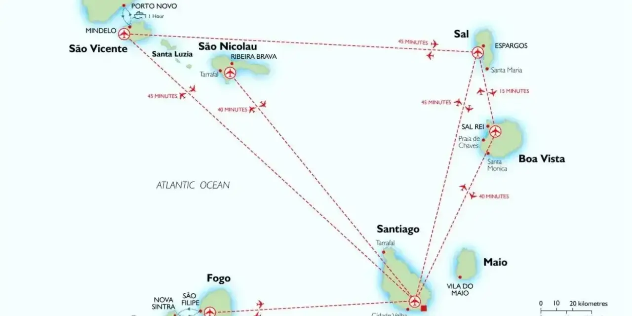 Mapa wysp Zielonego Przylądka z zaznaczonymi połączeniami lotniczymi. Planujesz podróż? Sprawdź, kiedy jechać na Wyspy Zielonego Przylądka!