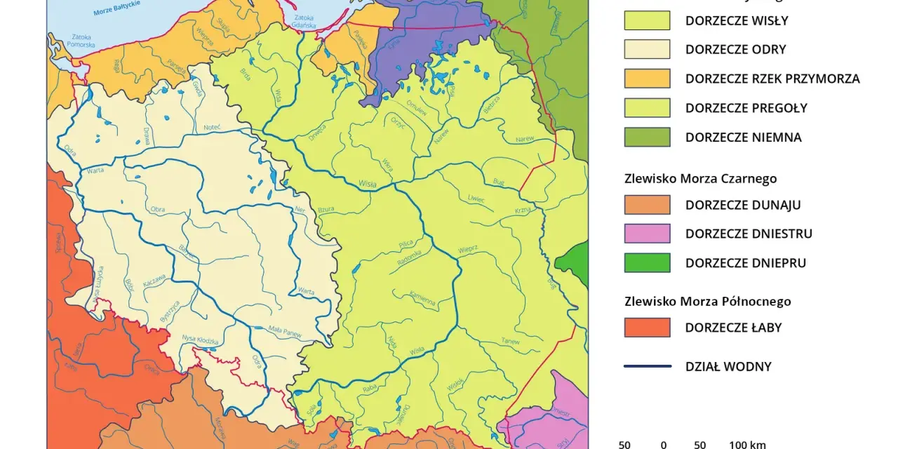 Mapa przedstawia zlewiska rzek w Polsce. Główną rzeką jest Wisła, której dorzecze zajmuje znaczną część kraju.