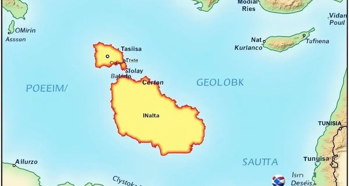 Mapa pokazuje, gdzie leży Malta, między Tunezją a Włochami, z zaznaczonymi wyspami i miastami.