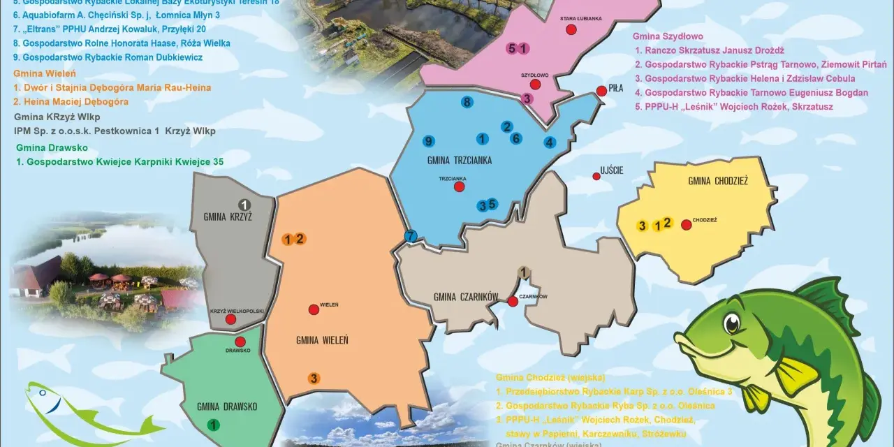 Mapa prezentująca gminy i gospodarstwa rybackie w regionie nadkaspijskim.