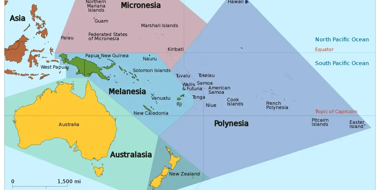 Mapa regionu Oceania z podziałem na Melanezję, Mikronezję, Polinezję i Australazję. Widoczne Australia, Nowa Zelandia i liczne wyspy.