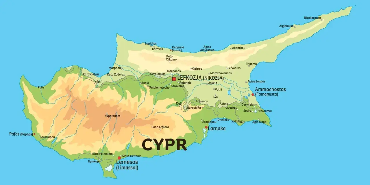 Mapa pokazuje, gdzie leży Cypr, z zaznaczonymi miastami jak Nikozja, Limassol i Larnaka.