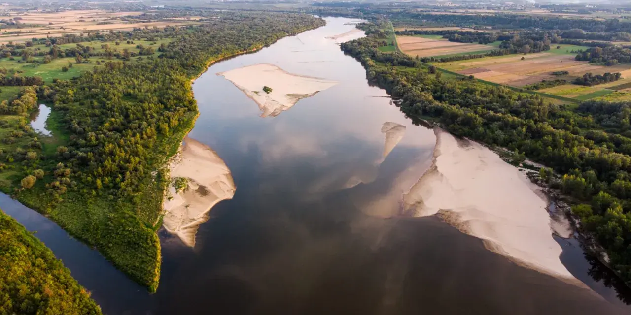 Szeroka Wisła, najdłuższa rzeka w Polsce, meandruje wśród zielonych lasów i piaszczystych łach.