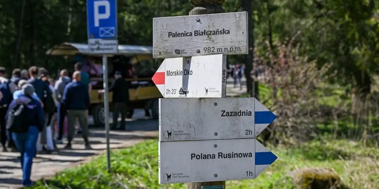 Drewniany drogowskaz w górach z nazwami szlaków: Palenica Białczańska, Morskie Oko, Zazadnia, Polana Rusinowa.