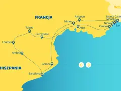 Mapa turystyczna Francji i Hiszpanii, pokazująca trasę przez miasta nad Morzem Śródziemnym, od Barcelony po Monako.