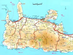 Mapa Krety Zachodniej. Widać tu góry, wybrzeże, drogi i miejscowości. Gdzie leży Kreta? Na tej mapie widzimy zachodnią część wyspy Kreta.