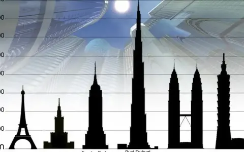 Porównanie wysokości budynków: Wieża Eiffla, Pałac Kultury, Empire State Building, Burj Dubaj (największy budynek na świecie), Petronas Towers, Taipei 101.