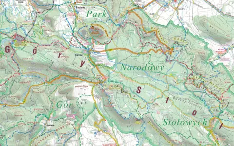 Mapa atrakcji Gór Stołowych: szlaki piesze, punkty widokowe, schroniska i zabytki.