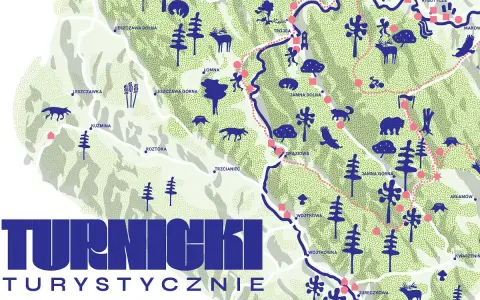 Mapa turystyczna **Turnicki Park Narodowy** z zaznaczonymi szlakami, zwierzętami i nazwami miejscowości.