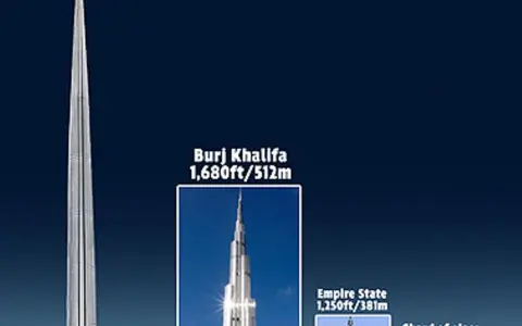 Porównanie wysokości: najwyższy budynek świata 1500m, Burj Khalifa 512m, Empire State 381m.