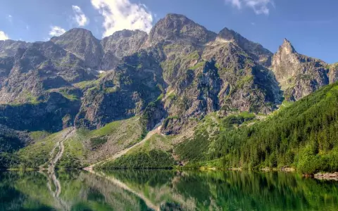 Majestatyczne, skaliste szczyty Tatr, najwyższe góry w Polsce, odbijają się w spokojnej tafli jeziora Morskie Oko.