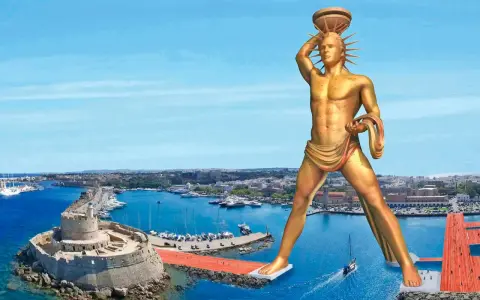 Złoty kolos z Rodos góruje nad portem, gdzie cumują jachty i statki. W tle widać zabytkową twierdzę.