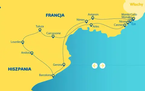 Mapa turystyczna Francji i Hiszpanii, pokazująca trasę przez miasta nad Morzem Śródziemnym, od Barcelony po Monako.