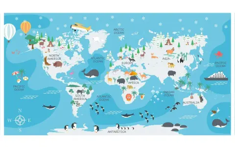 Mapa świata z zwierzętami i kontynentami. Największy ocean, Pacyfik, otacza Amerykę Północną i Południową.