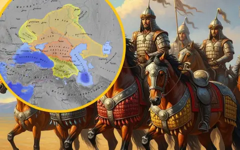 Jazda konna w zbrojach, obok mapa ukazująca zasięg państwa Chazarów w IX wieku.