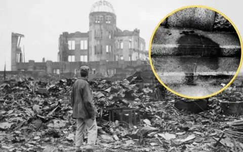 Ruiny w Hiroszimie po bombardowaniu atomowym. W oddali widać zniszczony budynek, a na pierwszym planie stos gruzów i stojącego człowieka. W kółku widoczny ślad po ciele.