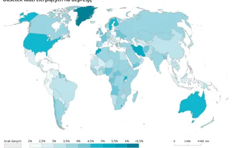 Mapa świata pokazująca odsetek ludzi cierpiących na depresję, z legendą w odcieniach niebieskiego.