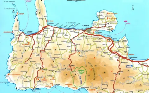 Mapa Krety Zachodniej. Widać tu góry, wybrzeże, drogi i miejscowości. Gdzie leży Kreta? Na tej mapie widzimy zachodnią część wyspy Kreta.