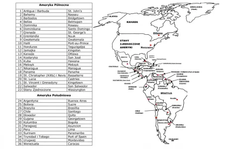 Mapa przedstawia kraje Ameryki Północnej i Południowej z ich stolicami. Zaznaczone są m.in. Kanada, USA, Meksyk, Brazylia, Argentyna.