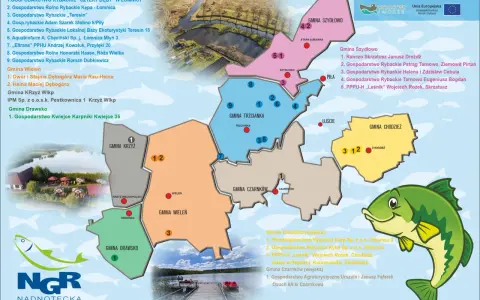 Mapa prezentująca gminy i gospodarstwa rybackie w regionie nadkaspijskim.