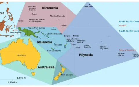 Mapa regionu Oceania z podziałem na Melanezję, Mikronezję, Polinezję i Australazję. Widoczne Australia, Nowa Zelandia i liczne wyspy.