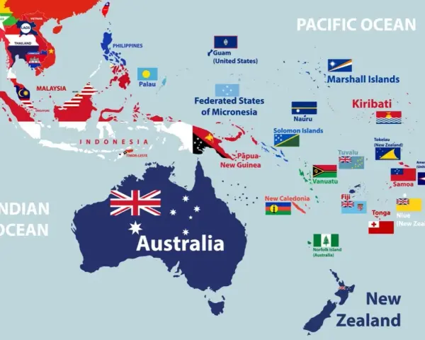 Mapa przedstawia państwa w Oceanii i Azji Południowo-Wschodniej, z zaznaczonymi flagami i nazwami krajów, w tym Australii i Nowej Zelandii.
