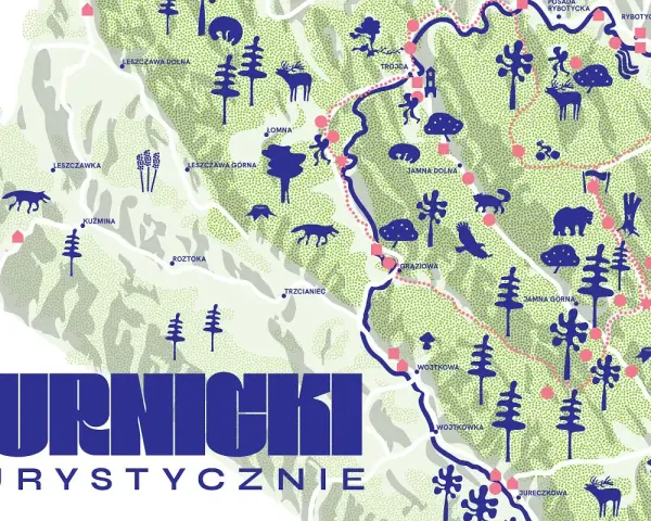 Mapa turystyczna **Turnicki Park Narodowy** z zaznaczonymi szlakami, zwierzętami i nazwami miejscowości.