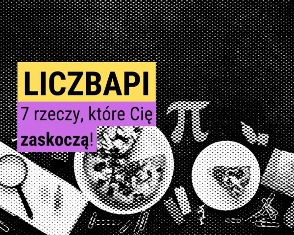 Liczba Pi: 7 zaskakujących ciekawostek. Grafika z symbolem Pi, lupą i talerzami.