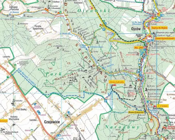 Najmniejszy park narodowy w Polsce, Ojcowski, to labirynt wapiennych skał, jaskiń i wąwozów. Na mapie zaznaczono szlaki turystyczne i punkty widokowe.