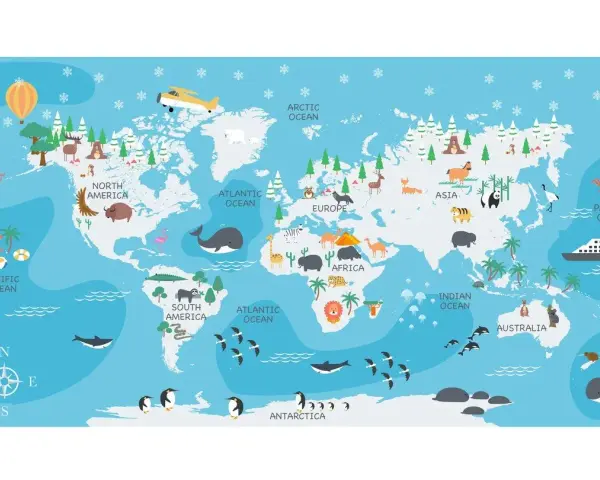 Mapa świata z zwierzętami i kontynentami. Największy ocean, Pacyfik, otacza Amerykę Północną i Południową.