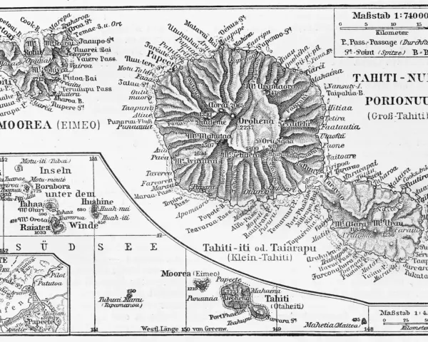 Największa wyspa Polinezji Francuskiej, Tahiti, z widocznymi górami i zatokami.