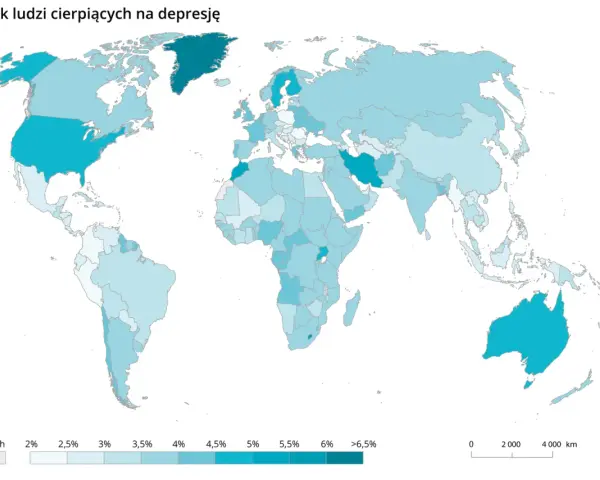 Mapa świata pokazująca odsetek ludzi cierpiących na depresję, z legendą w odcieniach niebieskiego.
